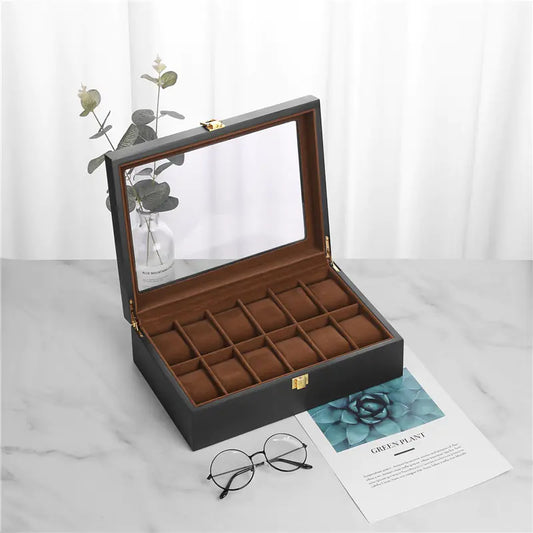 Black Matte Spray Finish 12-Slot Wooden Watch Box