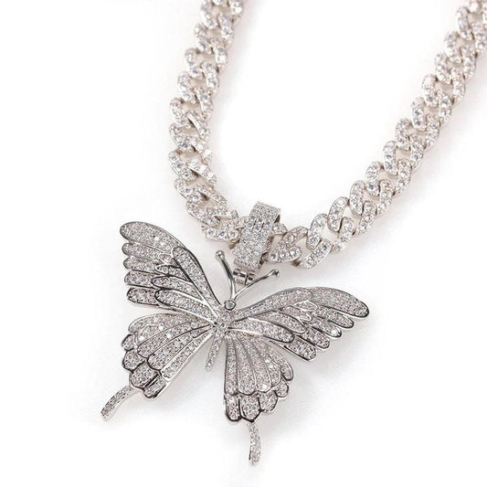 Iced Out Butterfly Necklace Chain for Women Wholesale New Crystal Rhinestone Pink Gold Cuban Link Choker Necklace Party